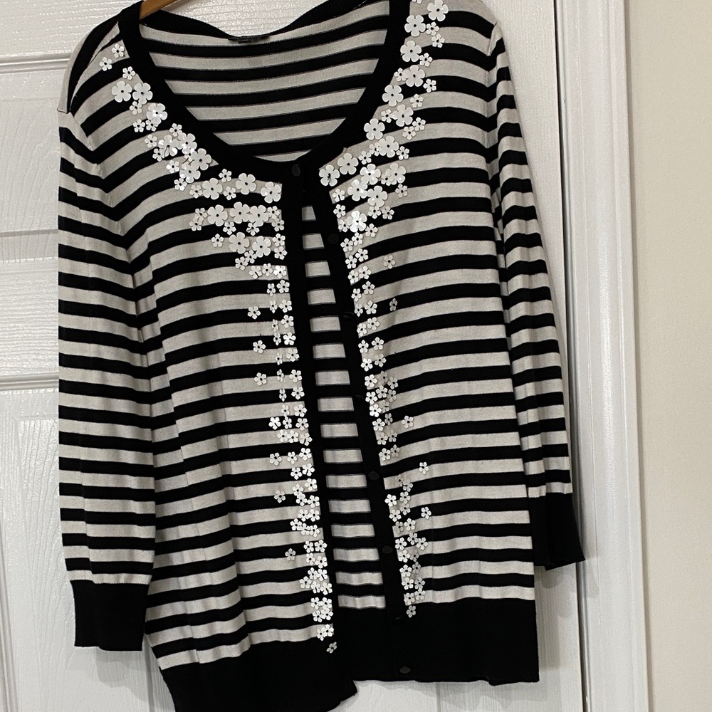 Talbots Black and White Striped Cardigan with Floral Accents